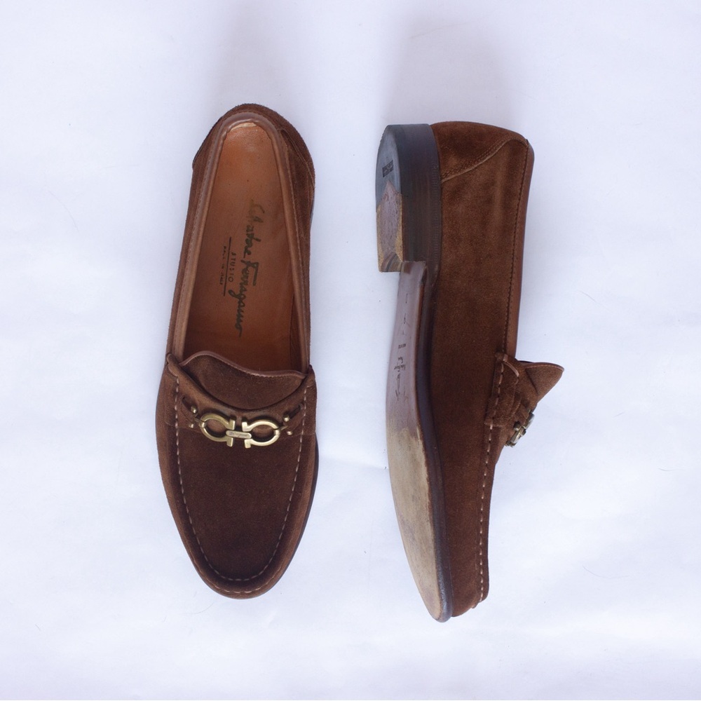 850$Ferragamo Moccasin Gancini Testa Di Moro Ornament Suede Mens SZ:9 - Picture 3 of 14